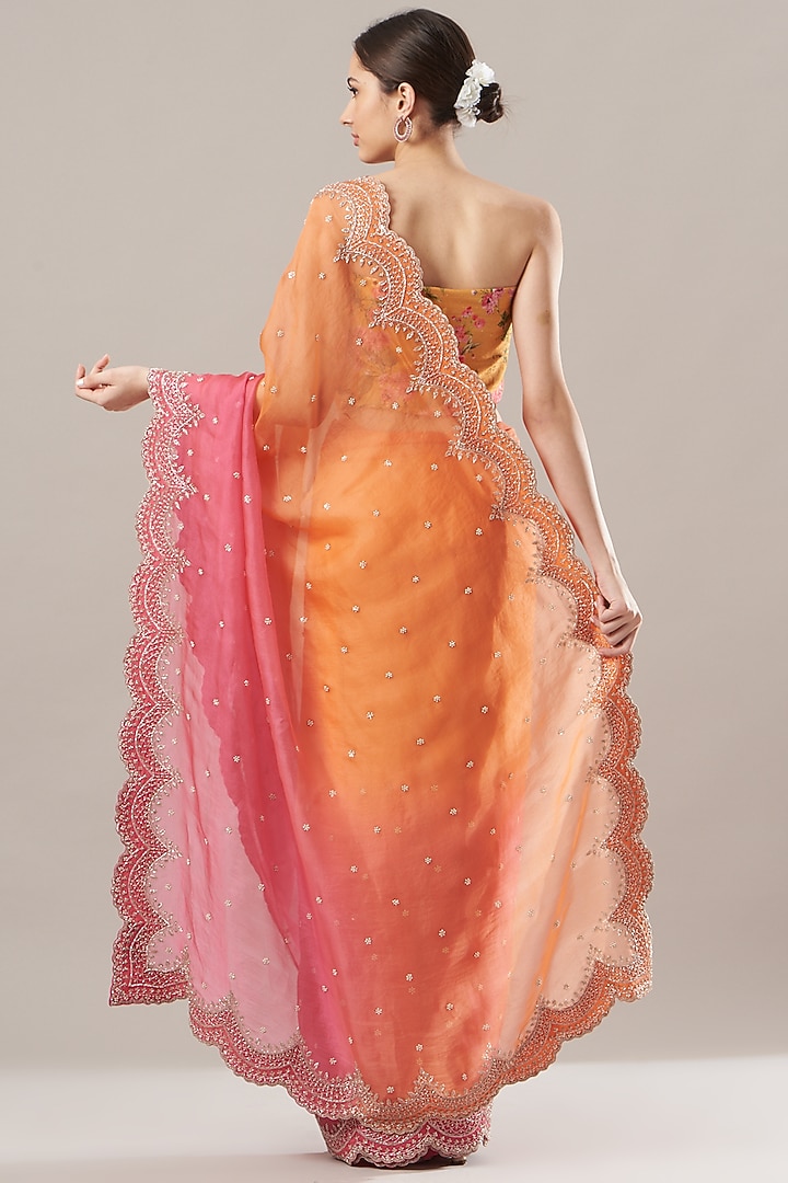 Orange Pink Embroidered Reception Saree Set by Anushree Reddy at Pernia's Pop Up Shop