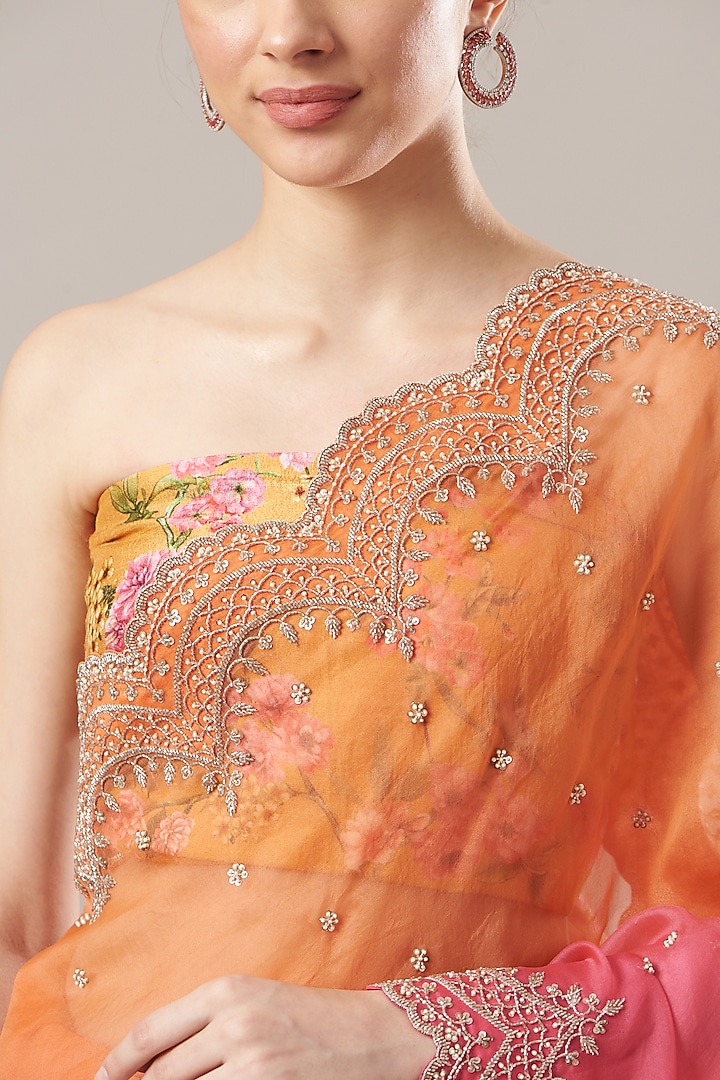 Orange Pink Embroidered Reception Saree Set by Anushree Reddy at Pernia's Pop Up Shop