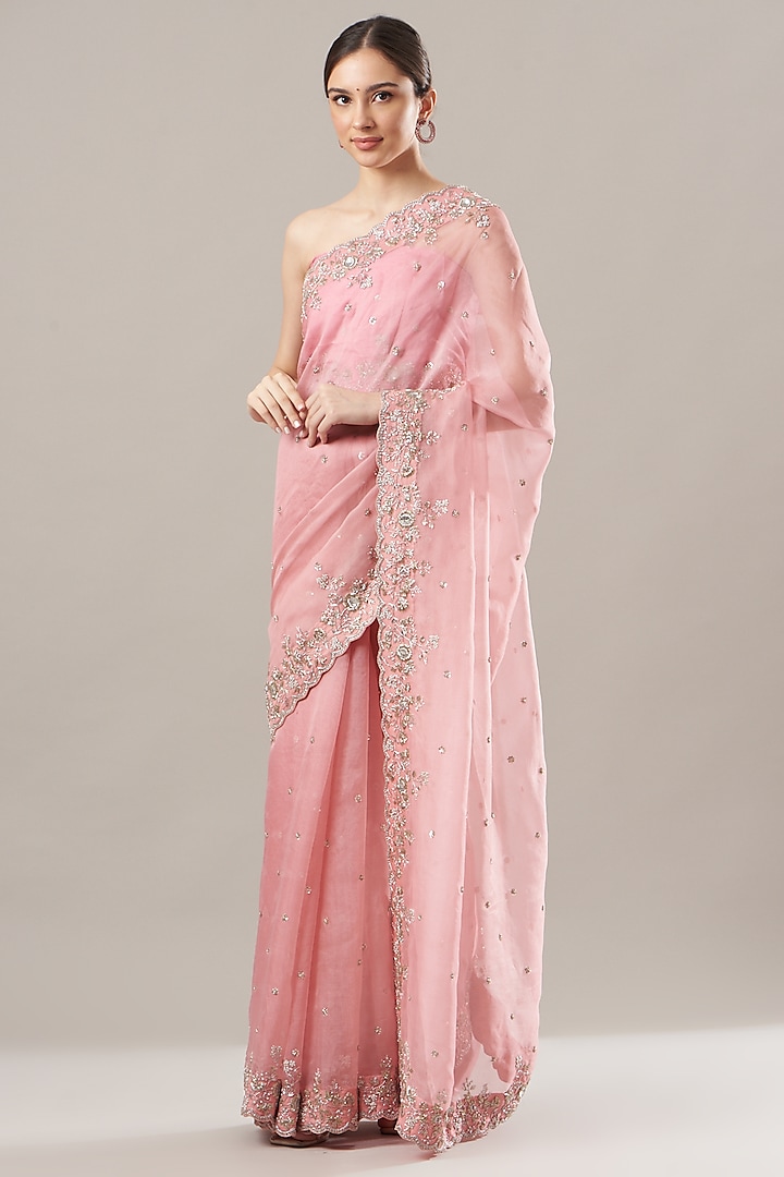 Pink Zardosi Embroidered Saree Set by Anushree Reddy