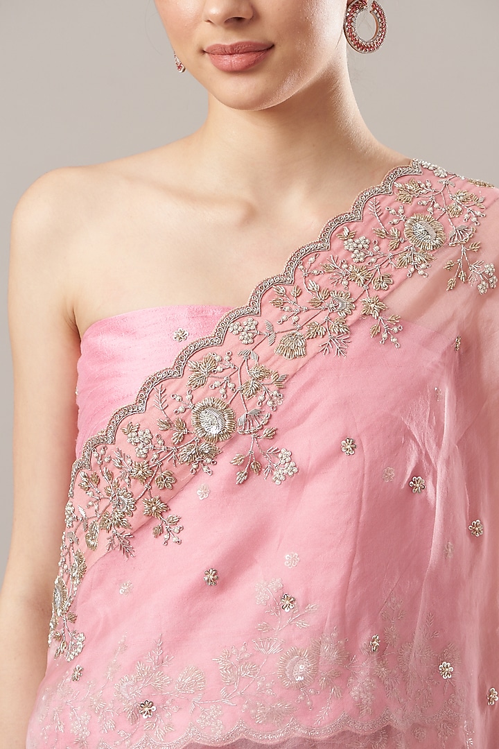 Pink Zardosi Embroidered Reception Saree Set by Anushree Reddy at Pernia's Pop Up Shop