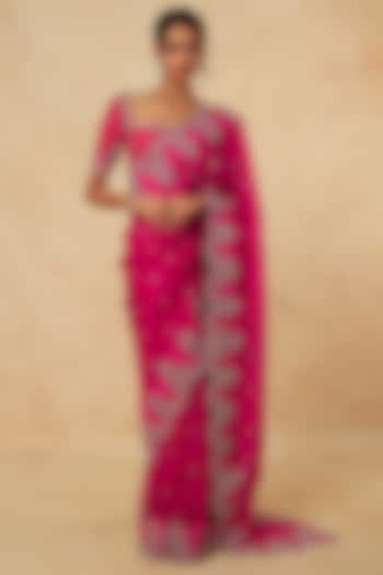 Hot Pink Organza Zardosi Embroidered Saree Set by Anushree Reddy