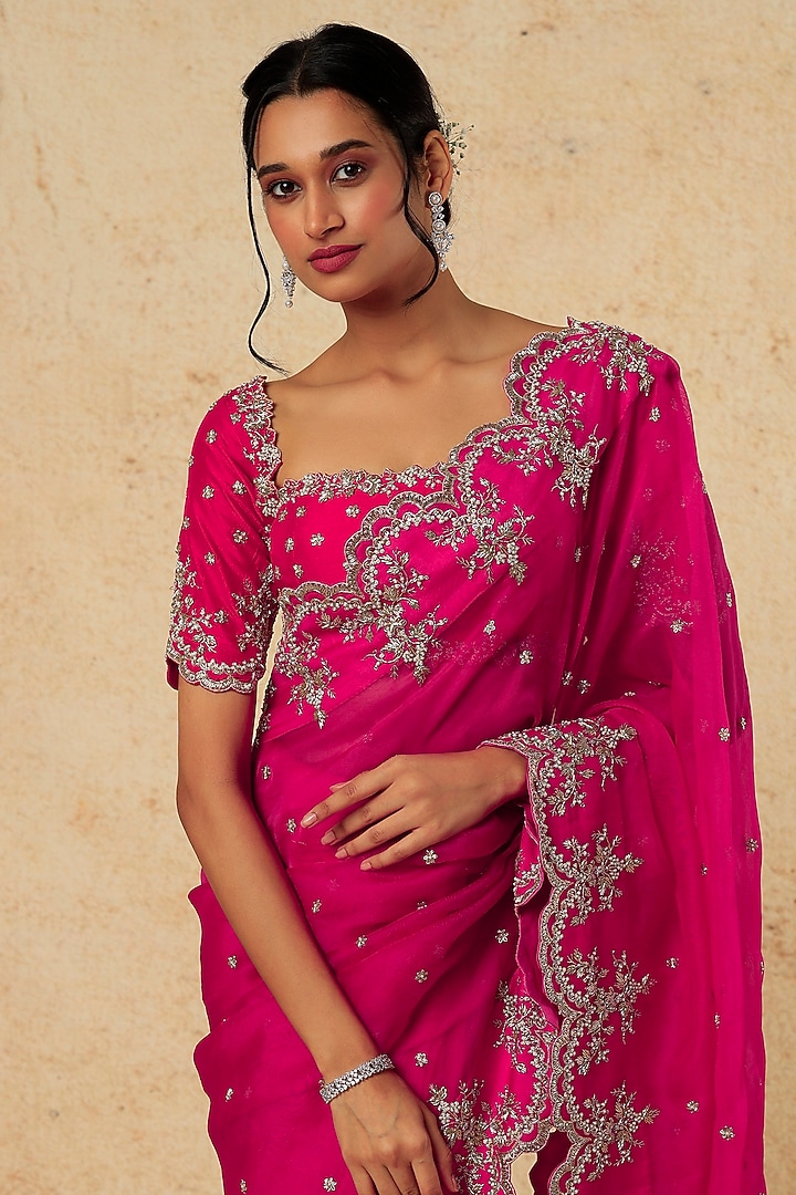 Hot Pink Organza Zardosi Embroidered Reception Saree Set by Anushree Reddy at Pernia's Pop Up Shop