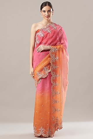 Pink & Orange Embroidered Saree Set by Anushree Reddy