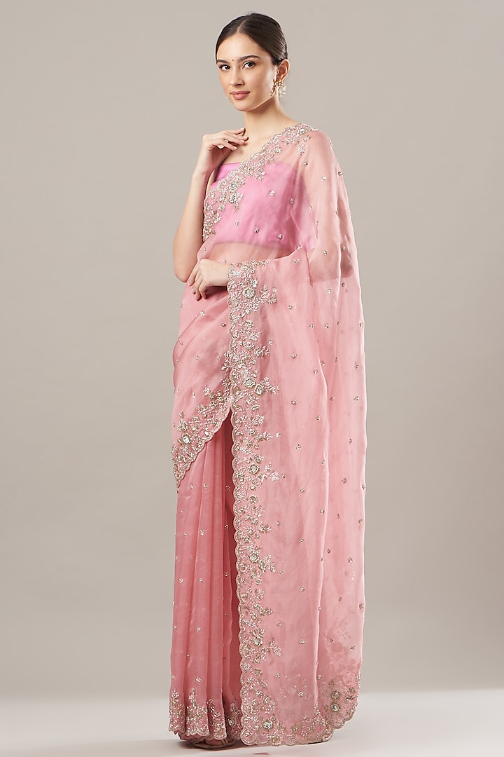 Pink Organza Embroidered Saree Set by Anushree Reddy