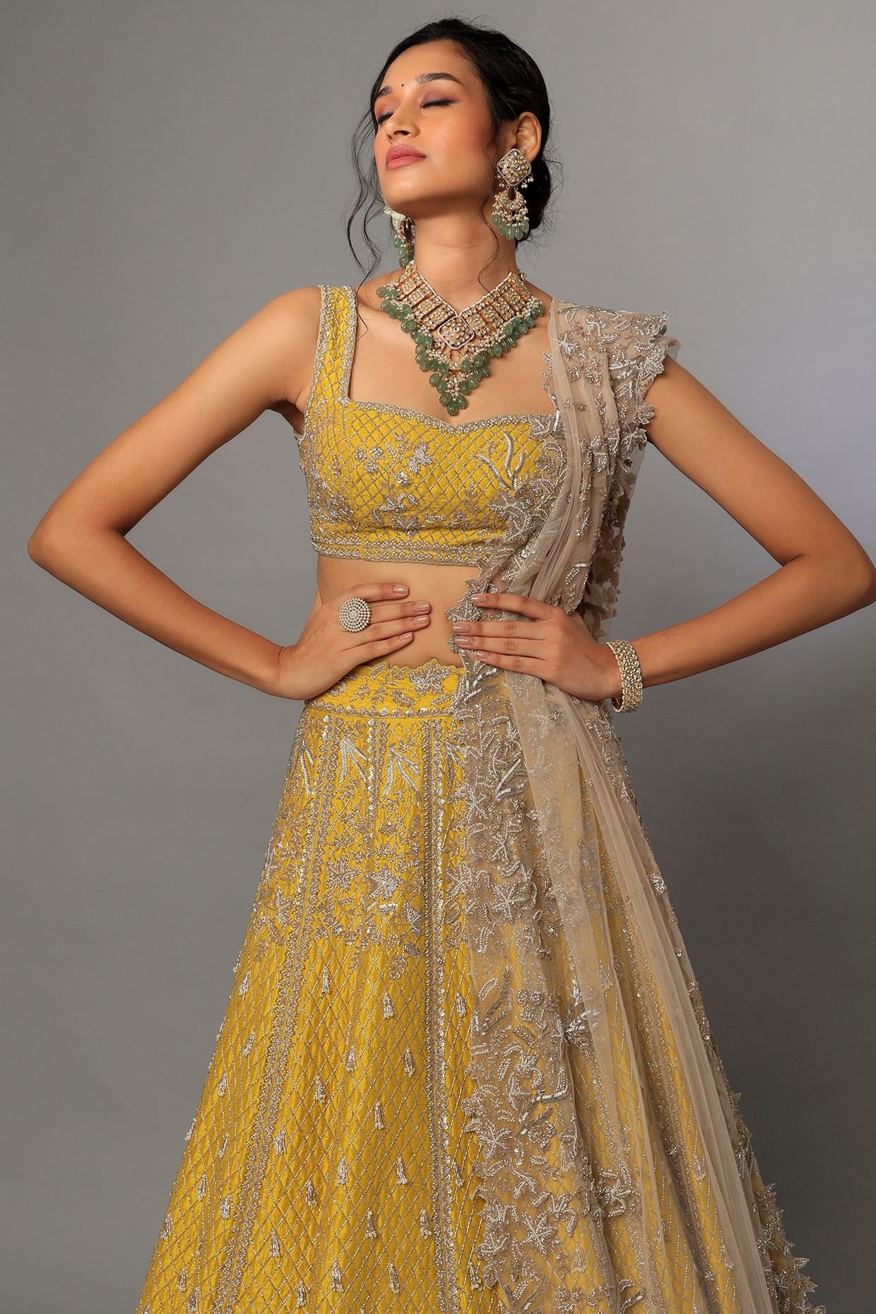 Buy Yellow floral raw silk lehenga set by Anushree Reddy at Aashni and Co