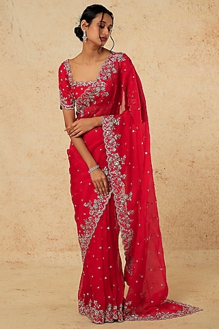 Red Zardosi Embroidered Saree Set by Anushree Reddy