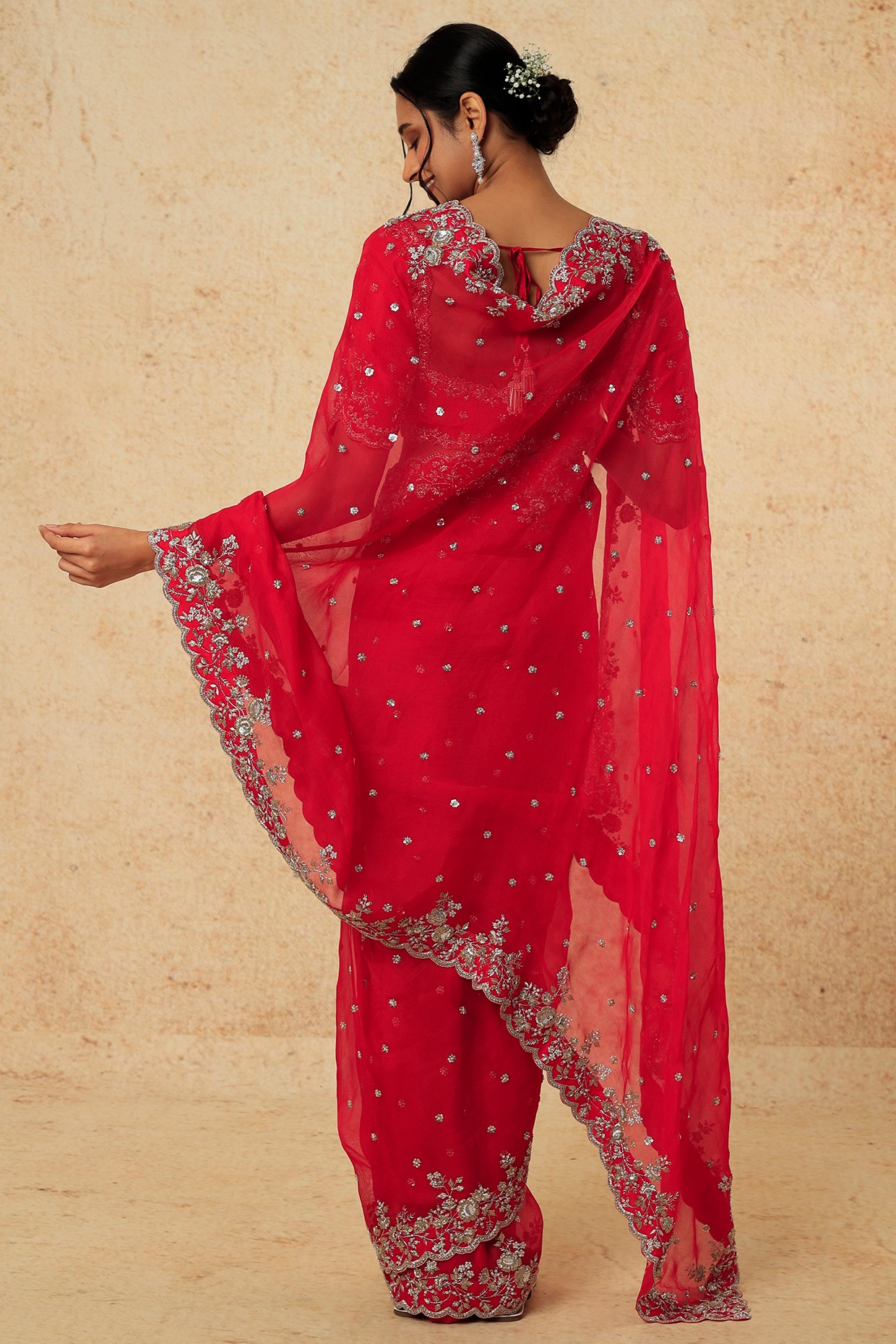 Red Georgette Saree With Embroidered Heavy Blouse 3064SR09