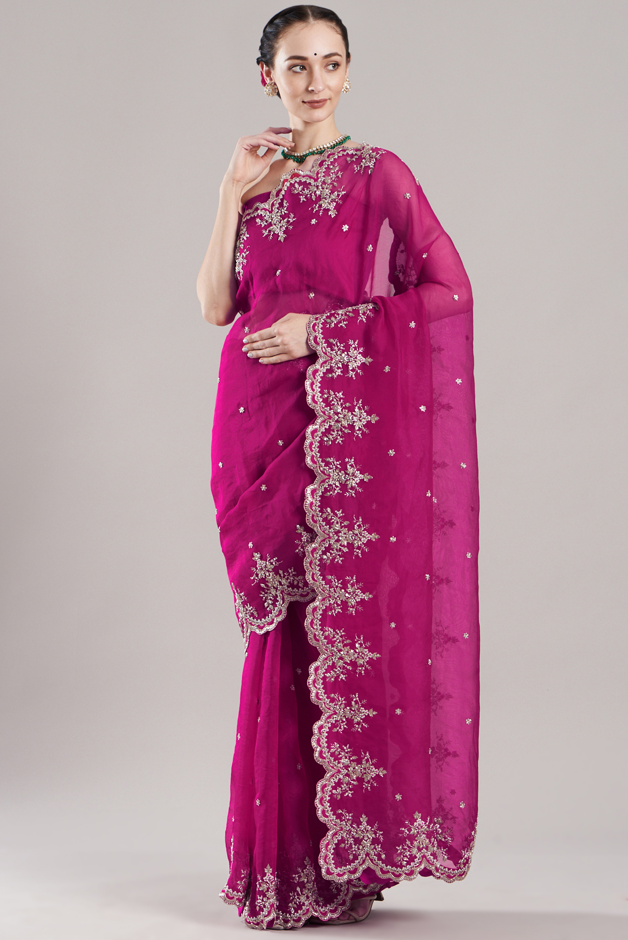 Deep Pink Embroidered Reception Saree Set by Anushree Reddy at Pernia's Pop Up Shop