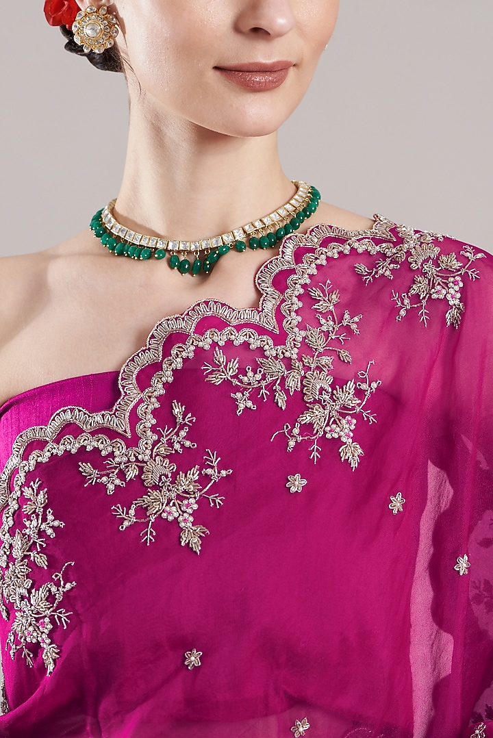 Deep Pink Embroidered Reception Saree Set by Anushree Reddy at Pernia's Pop Up Shop