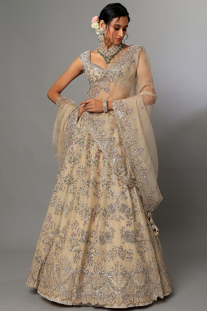 Beige Silk Embroidered Bridal Lehenga Set by Anushree Reddy at Pernia's Pop Up Shop