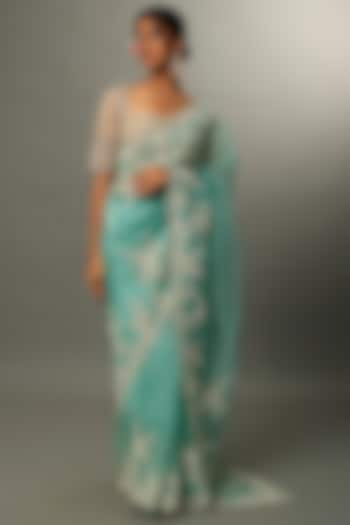 Sky Blue Organza Floral Embroidered Saree Set by Anushree Reddy at Pernia's Pop Up Shop