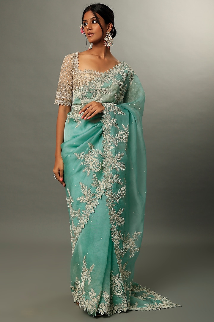 Sky Blue Organza Floral Embroidered Saree Set by Anushree Reddy at Pernia's Pop Up Shop