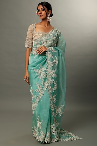 Sky Blue Organza Floral Embroidered Saree Set by Anushree Reddy
