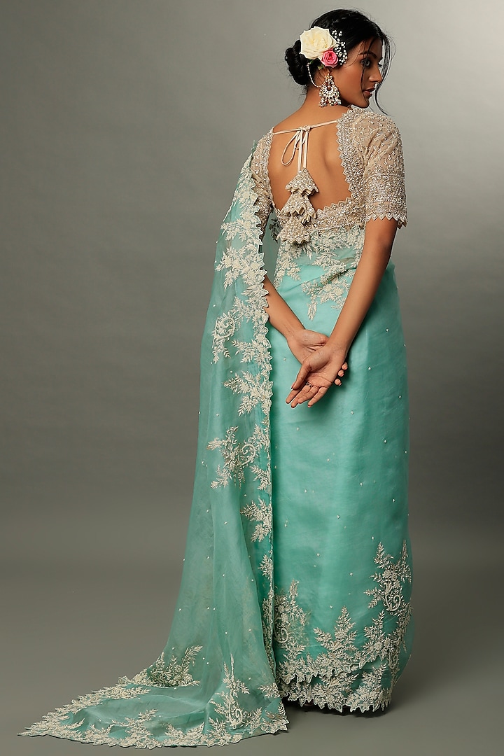 Sky Blue Organza Floral Embroidered Reception Saree Set by Anushree Reddy at Pernia's Pop Up Shop