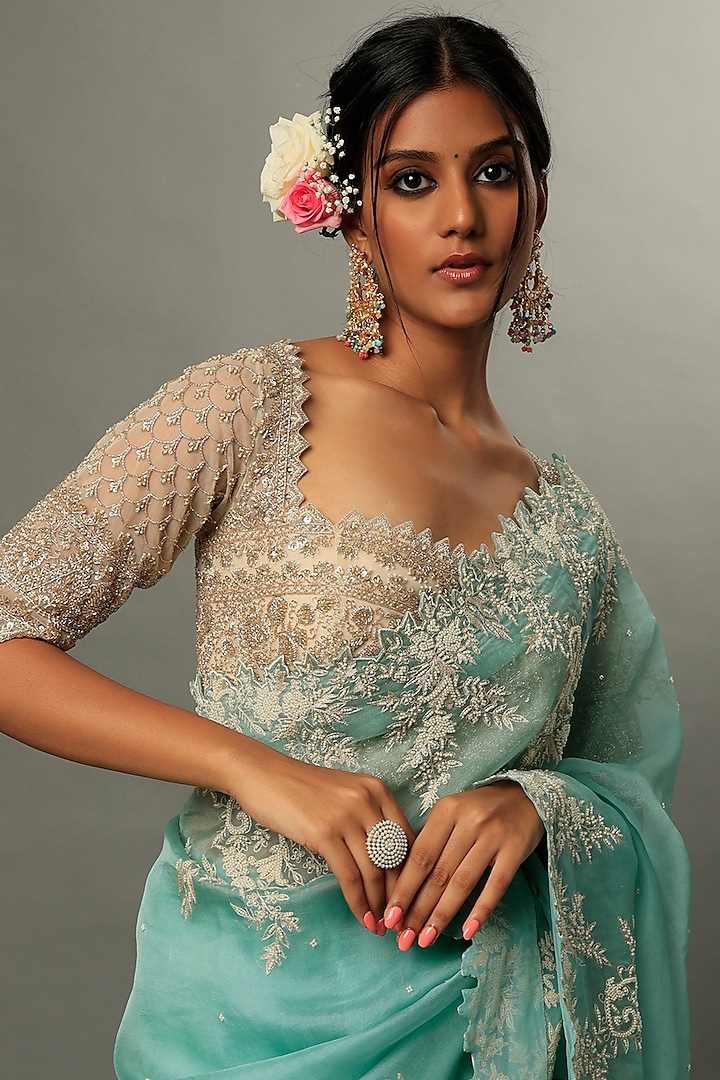 Sky Blue Organza Floral Embroidered Reception Saree Set by Anushree Reddy at Pernia's Pop Up Shop