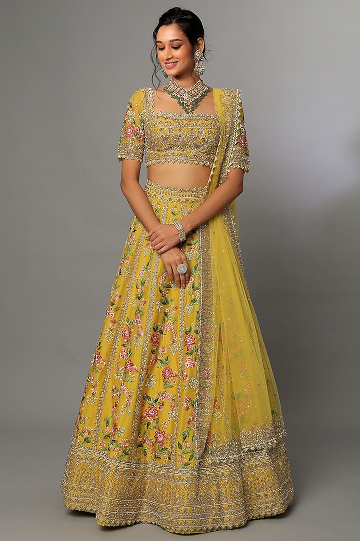 Yellow Silk Embroidered Bridal Lehenga Set by Anushree Reddy at Pernia's Pop Up Shop