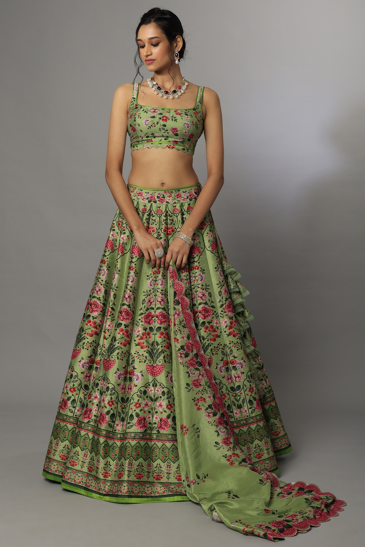 Green Floral Printed Lehenga Set by Anushree Reddy