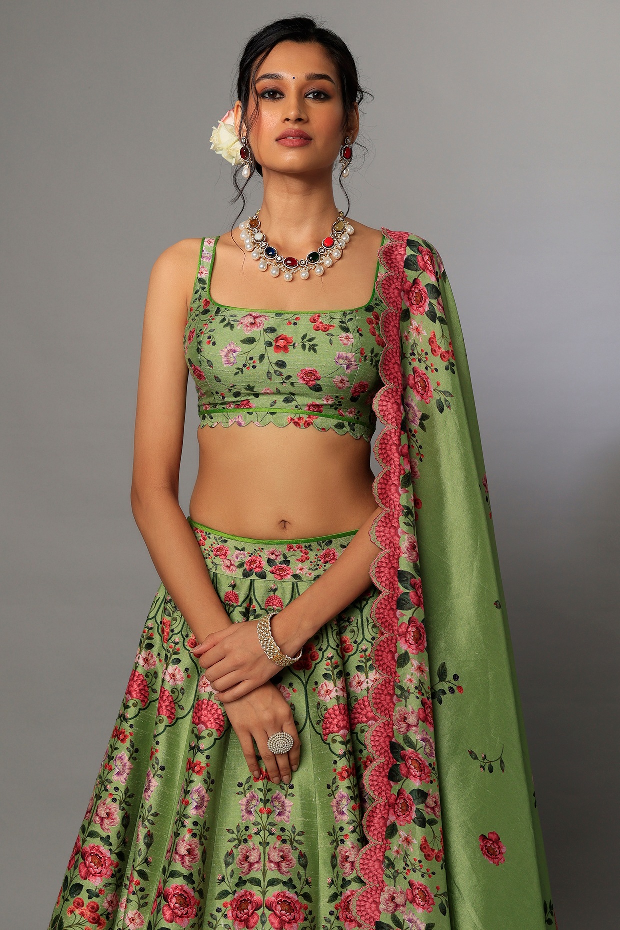 Pink & Green Silk Embroidered Lehenga Choli Set with Net Dupatta | Mirror  work blouse, Green silk, Embroidered silk