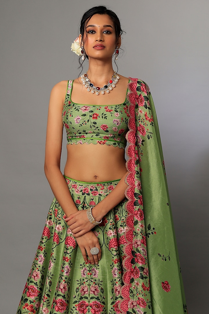 Buy Green Lehenga And Blouse Dupion Embroidered Floral Bridal Set