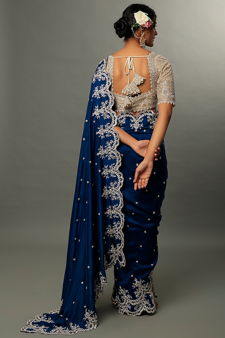 Cobalt Blue Embroidered Reception Saree Set by Anushree Reddy at Pernia's Pop Up Shop