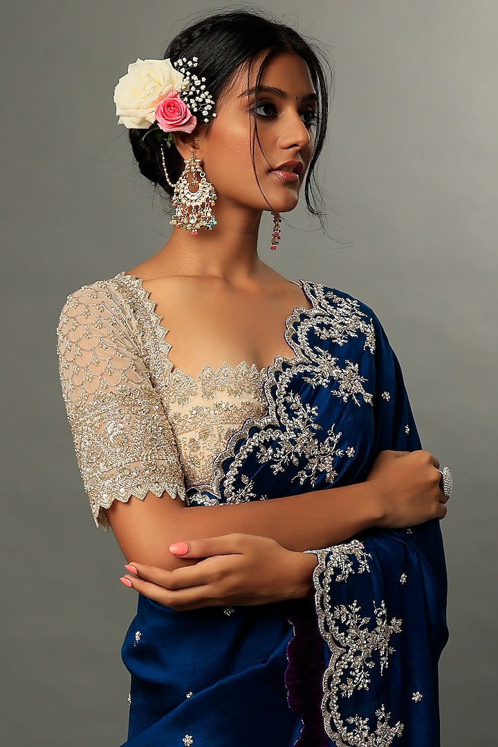 Cobalt Blue Embroidered Reception Saree Set by Anushree Reddy at Pernia's Pop Up Shop