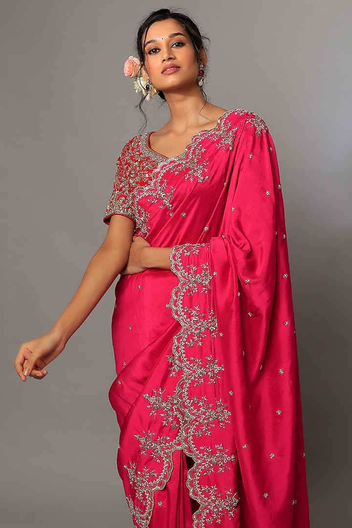 Fuchsia Embroidered Reception Saree Set by Anushree Reddy at Pernia's Pop Up Shop