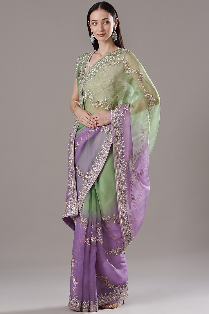 Purple & Green Embroidered Saree Set by Anushree Reddy at Pernia's Pop Up Shop