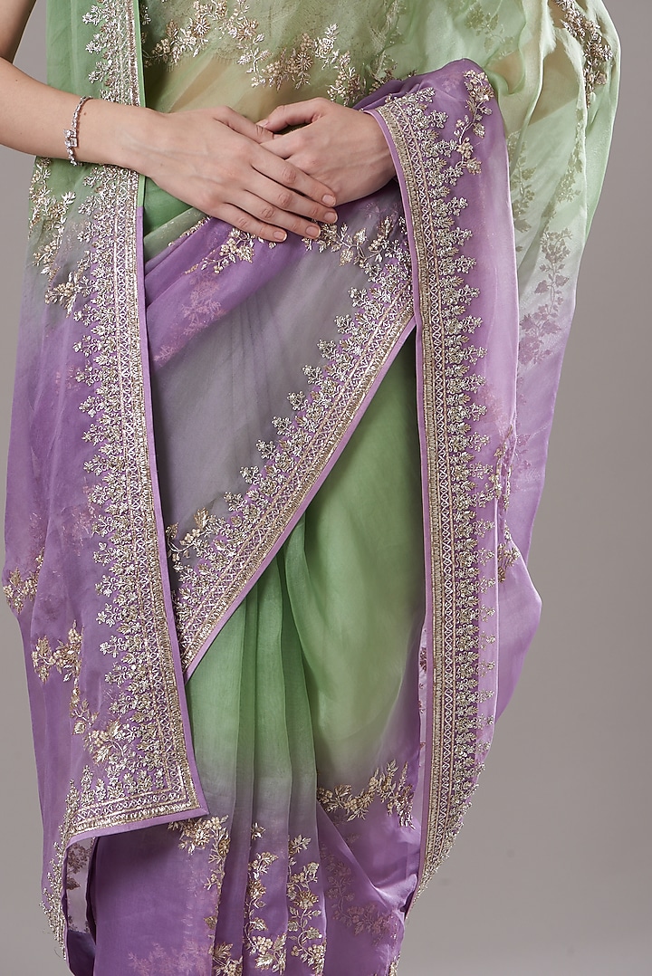 Purple & Green Embroidered Reception Saree Set by Anushree Reddy at Pernia's Pop Up Shop