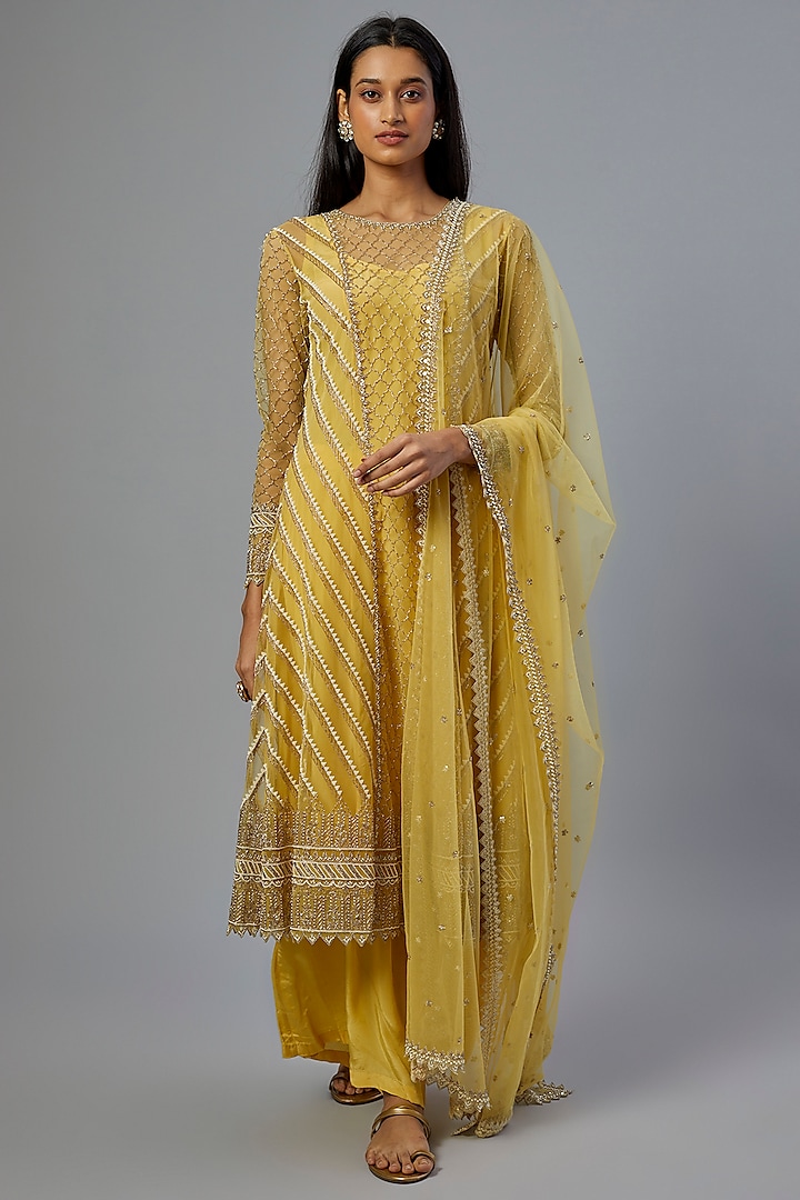 Yellow Organza Embroidered Kurta Set by Anushree Reddy at Pernia's Pop Up Shop