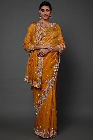 Yellow Embroidered Saree Set by Anushree Reddy