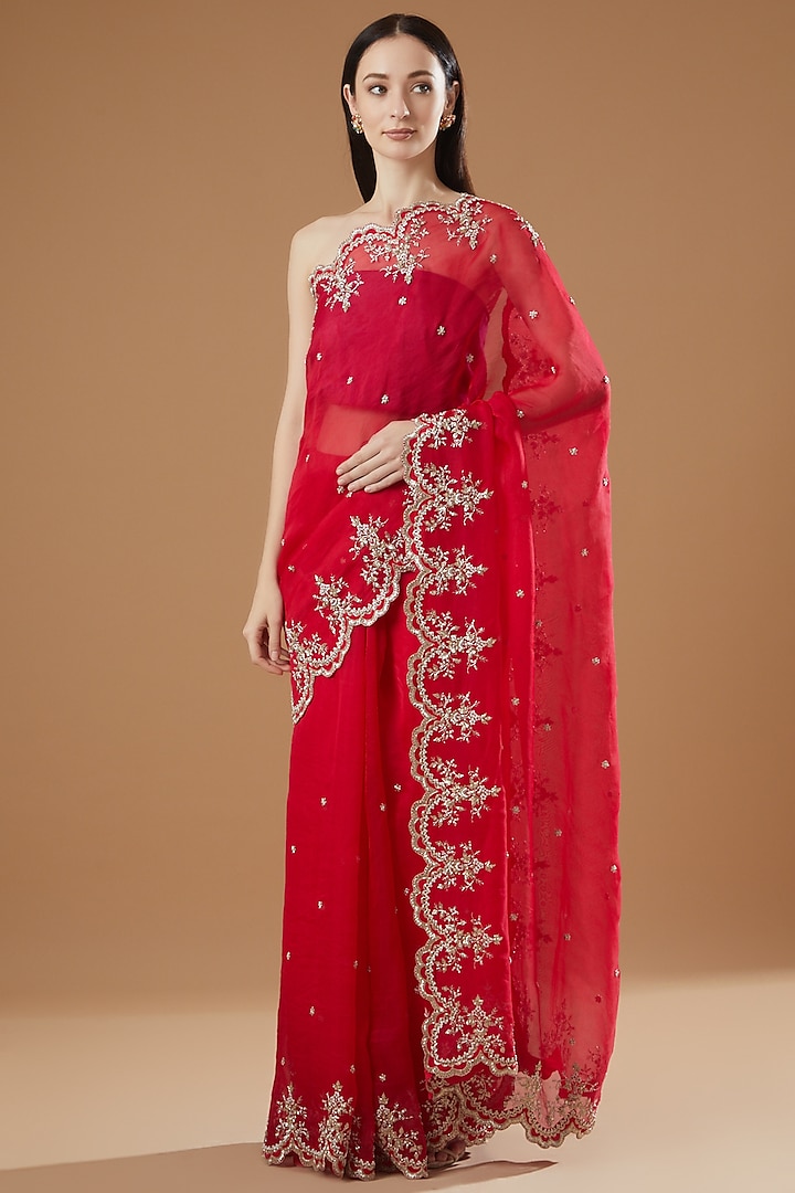 Red Organza Embroidered Saree Set by Anushree Reddy