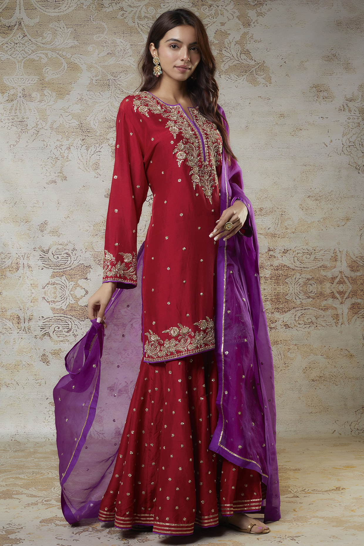 Red Dupion Silk Zardosi Embroidered Bridal Sharara Set by Anushree Reddy at Pernia's Pop Up Shop