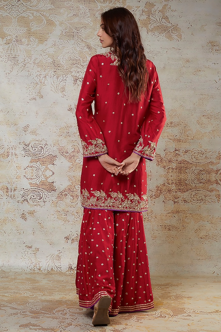Red Dupion Silk Zardosi Embroidered Bridal Sharara Set by Anushree Reddy at Pernia's Pop Up Shop