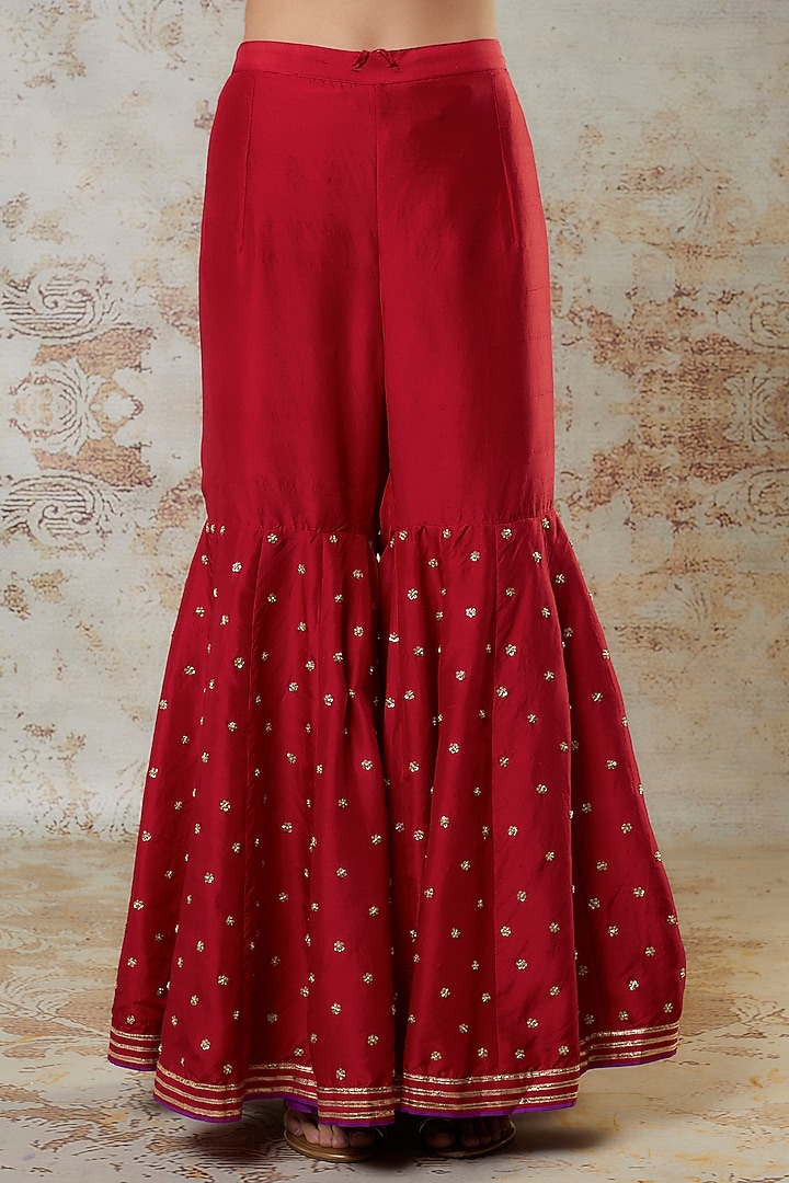 Red Dupion Silk Zardosi Embroidered Bridal Sharara Set by Anushree Reddy at Pernia's Pop Up Shop