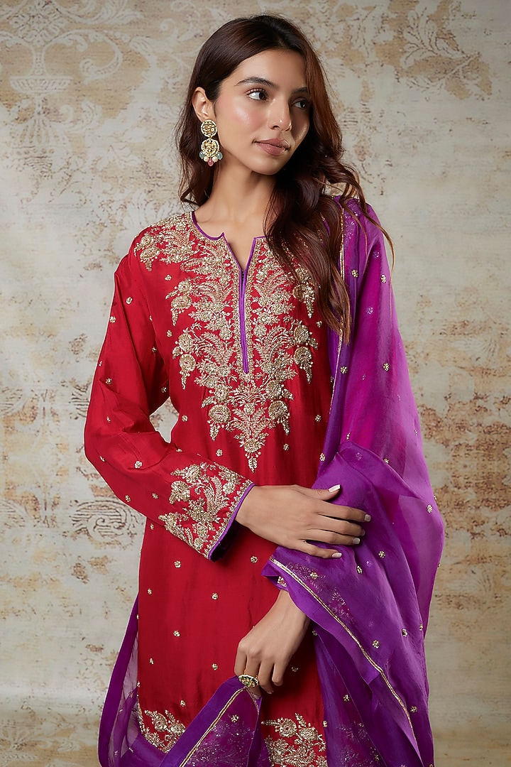 Red Dupion Silk Zardosi Embroidered Bridal Sharara Set by Anushree Reddy at Pernia's Pop Up Shop