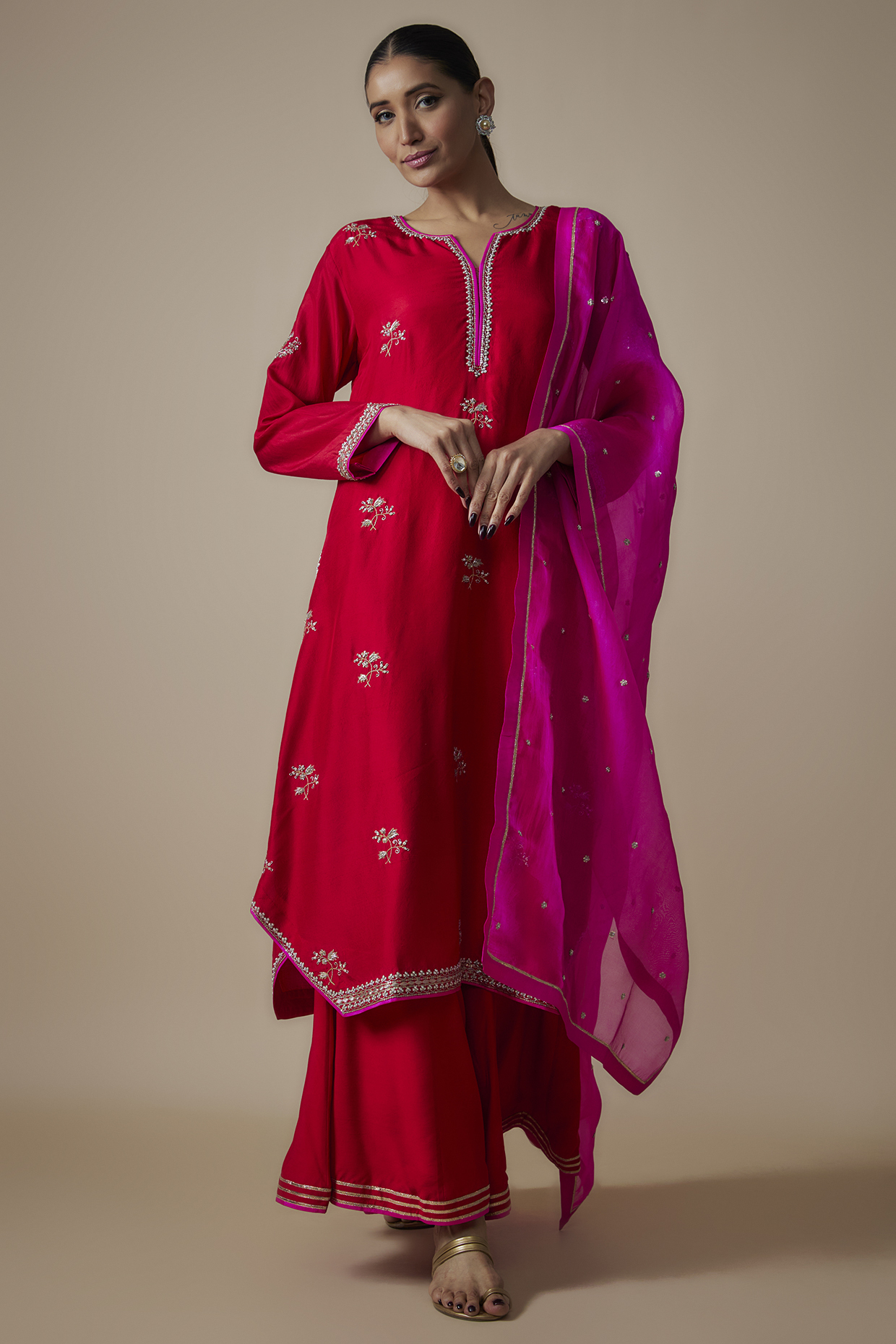 Red Dupion Silk Floral Zardosi Boota Embroidered Kurta Set by Anushree Reddy at Pernia's Pop Up Shop