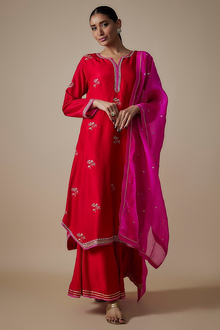 Red Dupion Silk Floral Zardosi Boota Embroidered Kurta Set by Anushree Reddy at Pernia's Pop Up Shop