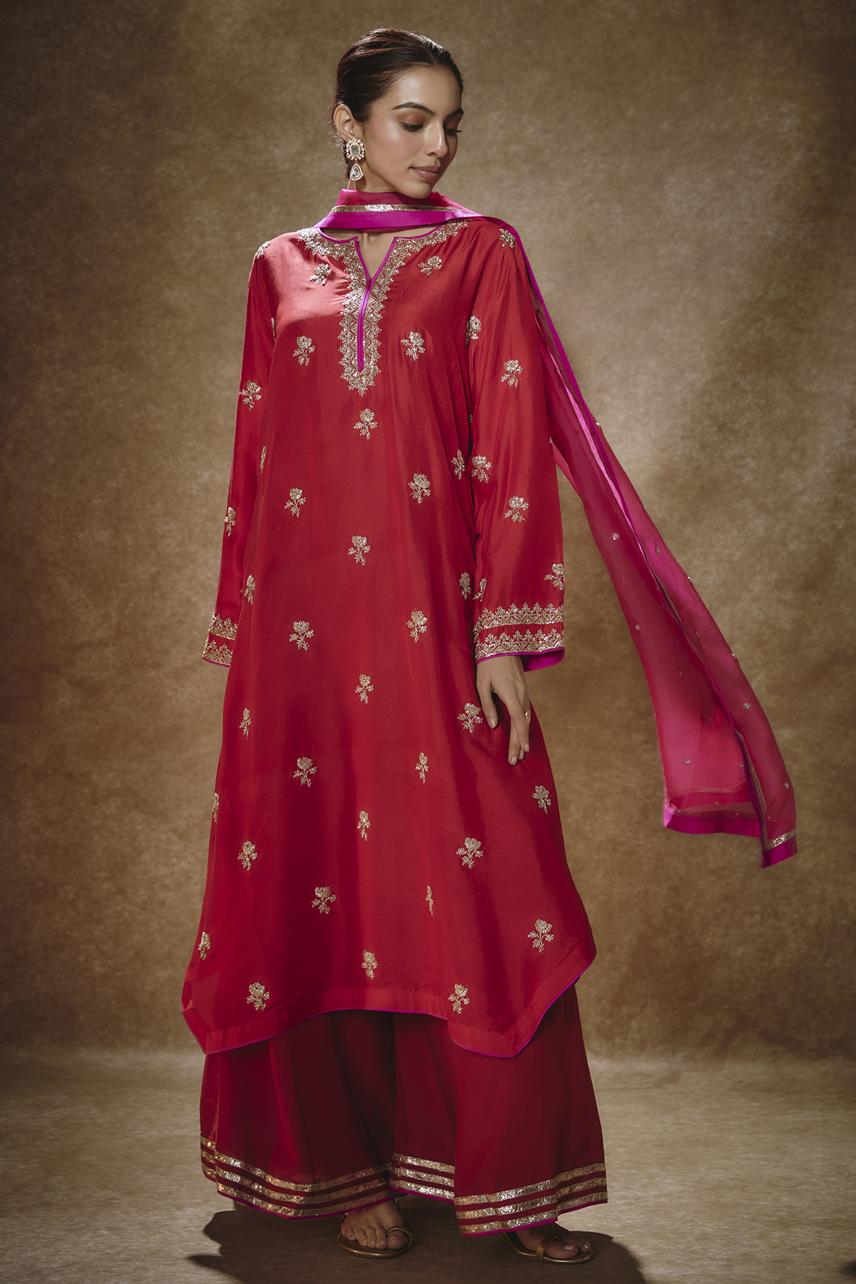 Red Dupion Silk Zardosi Embroidered Kurta Set by Anushree Reddy at Pernia's Pop Up Shop