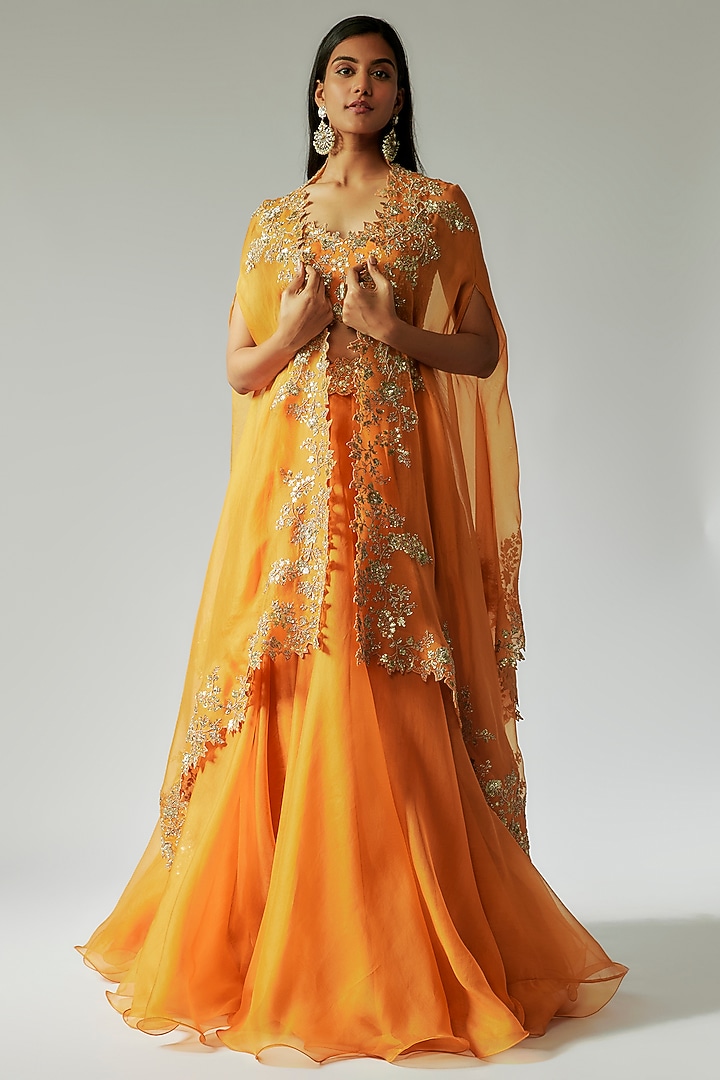 Yellow Organza Embroidered Cape Set by Anushree Reddy at Pernia's Pop Up Shop