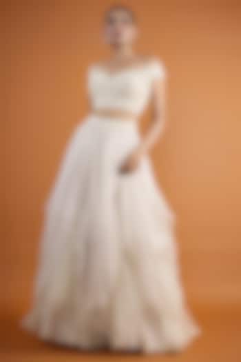 Ivory Organza Pearl Embroidered Layered Wedding Lehenga Set by Anushree Reddy at Pernia's Pop Up Shop
