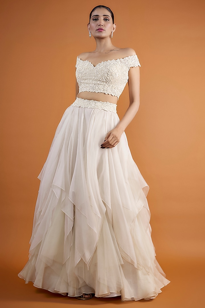 Ivory Organza Pearl Embroidered Layered Wedding Lehenga Set by Anushree Reddy at Pernia's Pop Up Shop