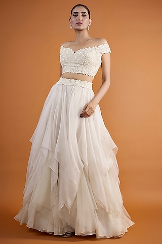 Ivory Organza Pearl Embroidered Layered Lehenga Set by Anushree Reddy