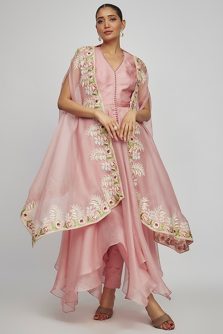 Pink Organza Thread Embroidered Cape Set by Anushree Reddy