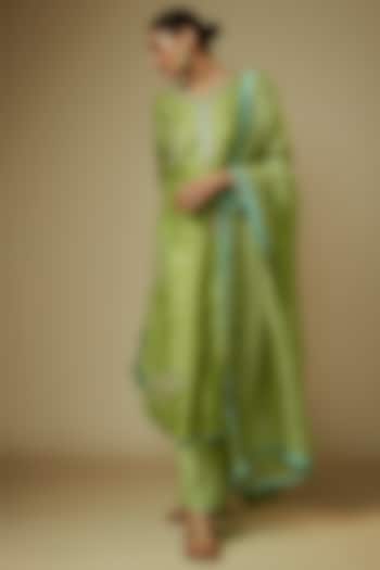 Light Green Dupion Silk Zardosi Embroidered Kurta Set by Anushree Reddy
