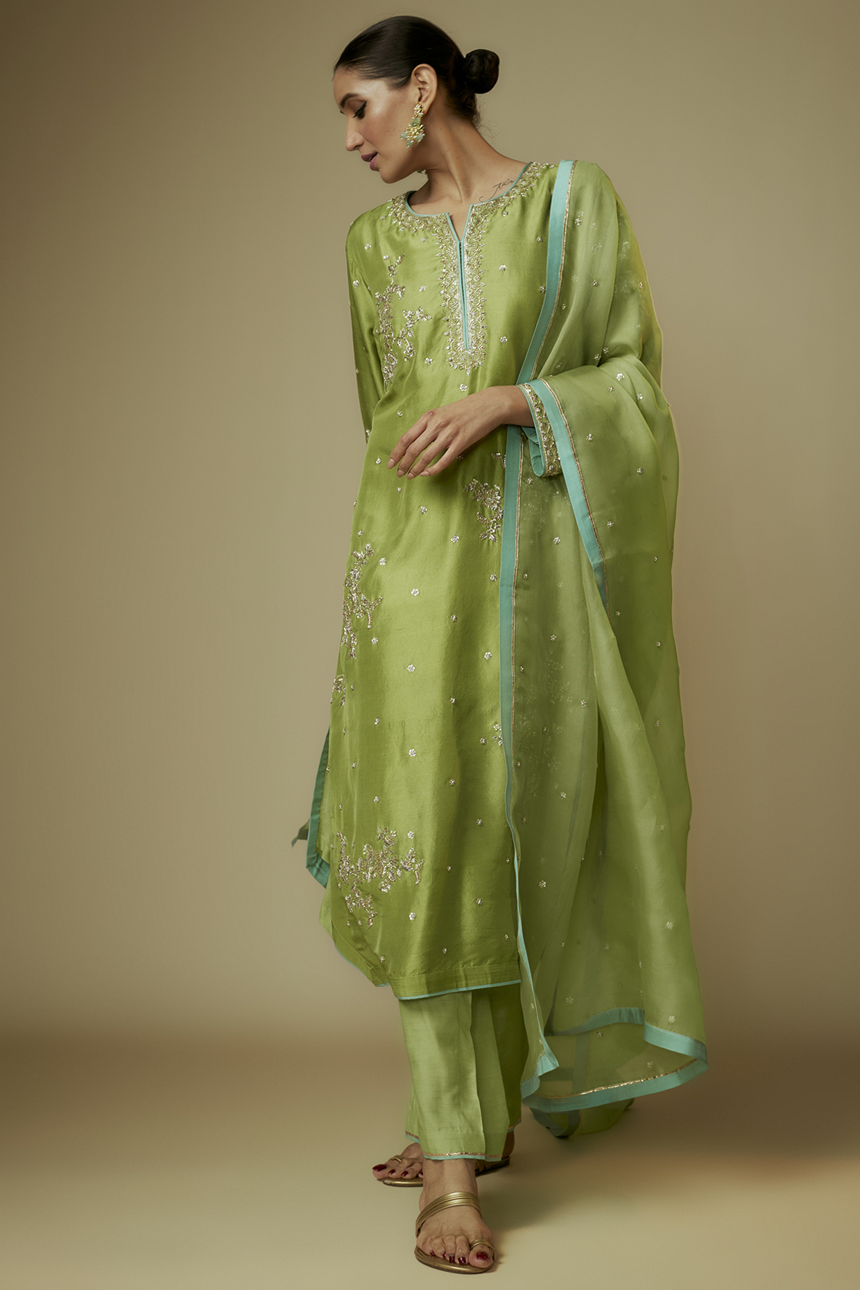 Light Green Dupion Silk Zardosi Embroidered Kurta Set by Anushree Reddy at Pernia's Pop Up Shop