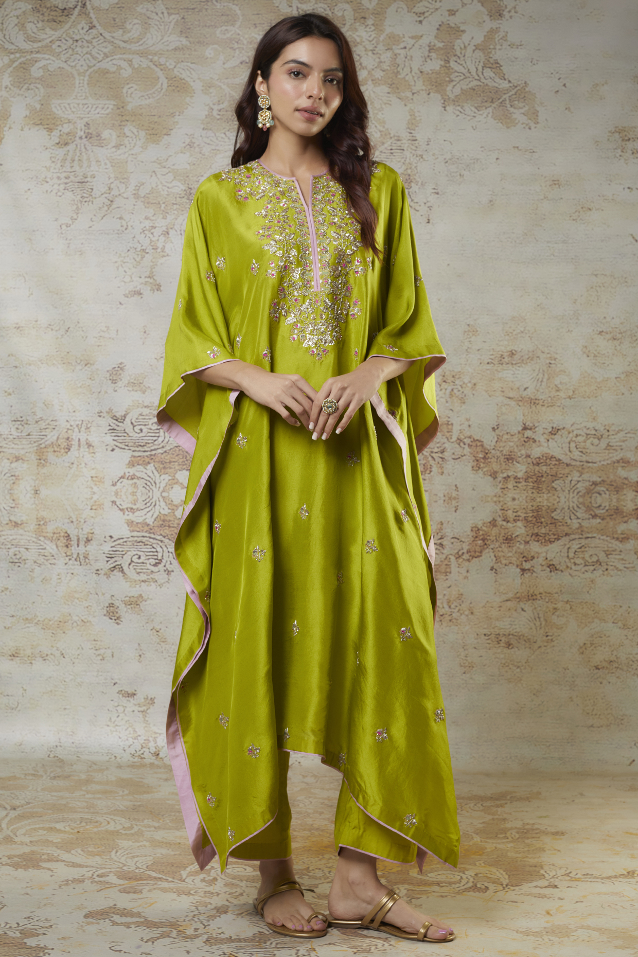 Light Green Dupion Zardosi Embroidered Kaftan Set by Anushree Reddy at Pernia's Pop Up Shop