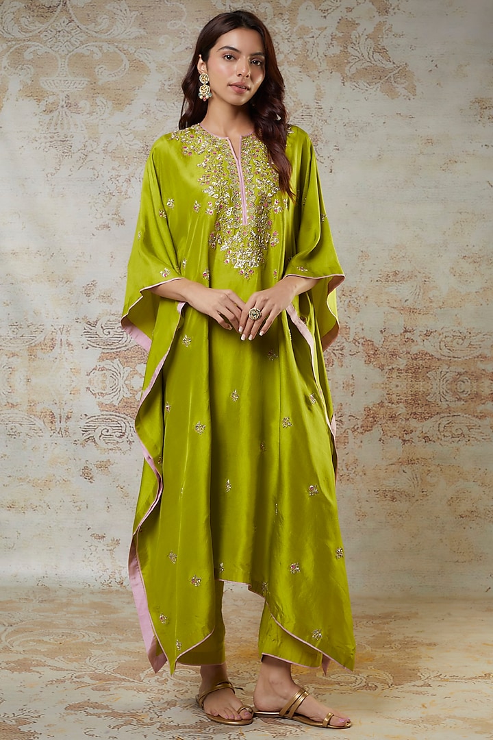 Light Green Dupion Zardosi Embroidered Kaftan Set by Anushree Reddy at Pernia's Pop Up Shop