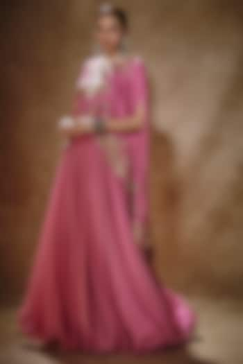 Pink Organza Thread Embroidered Cape Set by Anushree Reddy at Pernia's Pop Up Shop