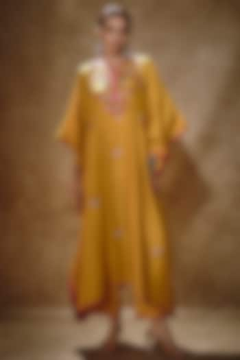 Yellow Dupion Silk Thread Embroidered Kaftan Set by Anushree Reddy at Pernia's Pop Up Shop