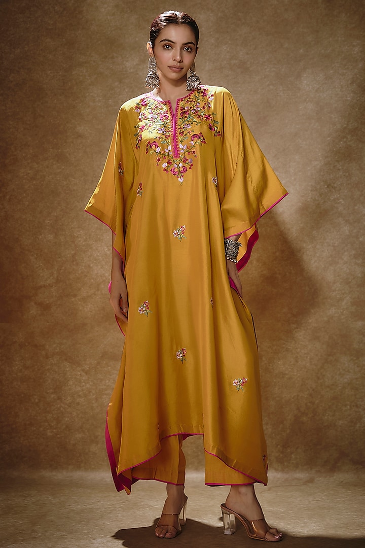 Yellow Dupion Silk Thread Embroidered Kaftan Set by Anushree Reddy